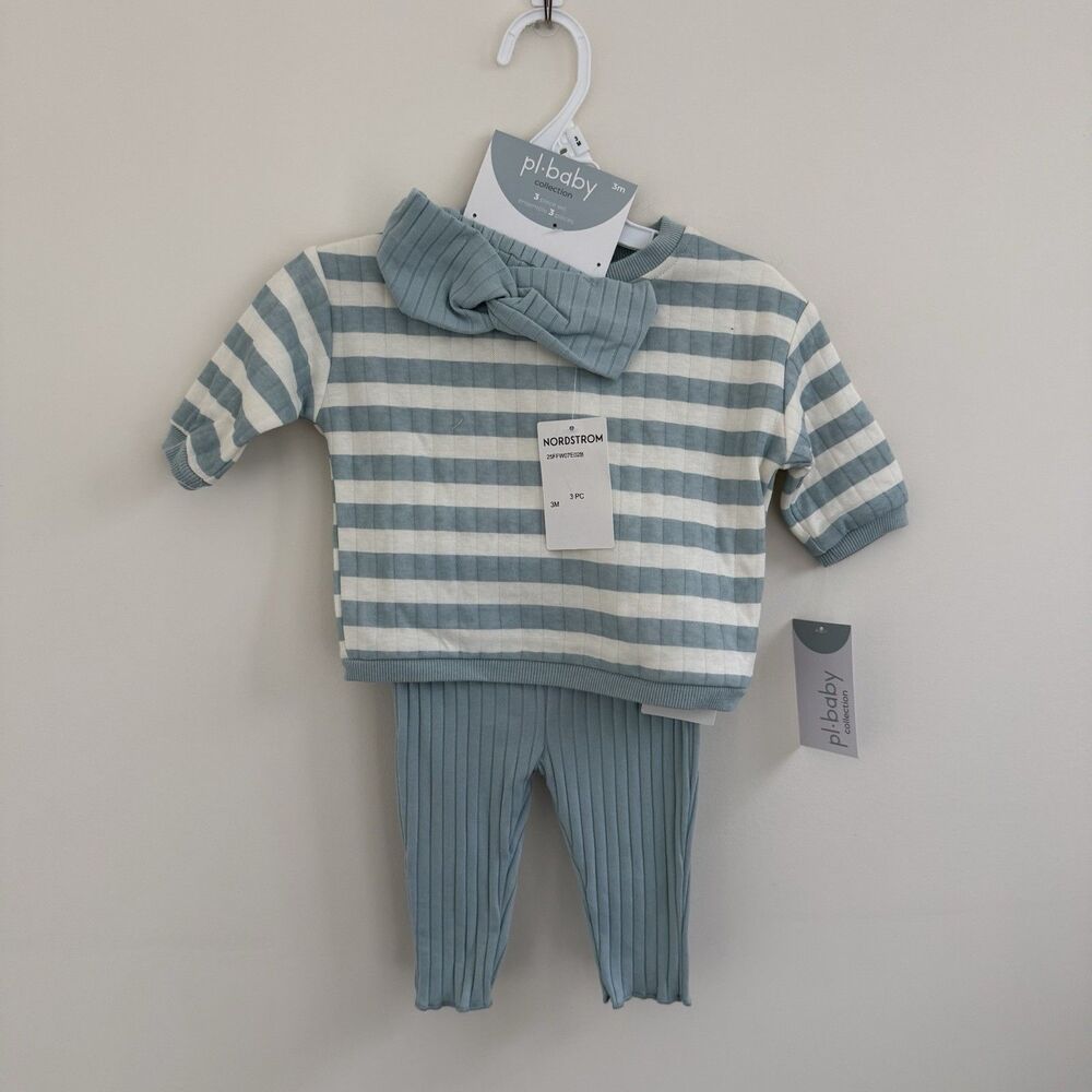 PL Baby 3 Piece Outfit Set Infant 3M Girls Stripped Knit Sweater Pants Headband
